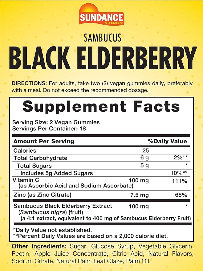 Sundance Black Elderberry Gummies | 36 Count | with Vitamin C and Zinc | Berry Flavor | Vegan, Non-GMO, and Gluten Free Supplement