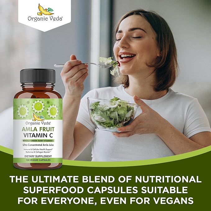 Organic Veda Amla Fruit Capsules, 20 X Concentrated Amla Berry Juice Extract Natural Vitamin C Supplement - Potent Antioxidants, Immunity, Skin Radiance - Vegan Vitamin C Amla Powder Capsule 120