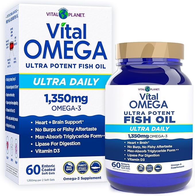 Vital Planet - Vital Omega 3 Fish Oil Ultra Daily Supplement with 1350mg of 2X Strength High Potency Cold Water Wild Caught Omega 3 Fatty Acid Supplements EPA DHA and DPA for Heart Health 60 Softgels