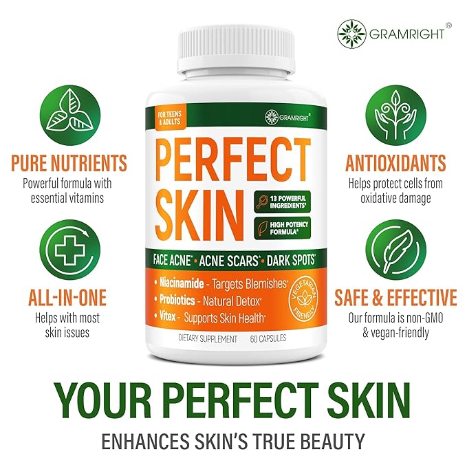 Perfect Skin Acne Capsules – Niacinamide, Biotin, Vitamin A & Probiotics for Teens & Adults – 13 Powerful Ingredients for Face Acne, Acne Scars & Dark Spots – 60 Vegan Capsules, Made in the USA