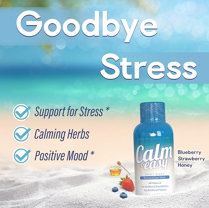 Calm & Easy - Natural Stress Relief Shot, KSM-66 Ashwagandha, Suntheanine L Theanine, Calming Adaptogen Drink, Relaxation, Focus, and Mood | 2 oz Liquid Bottle (6 Pack)