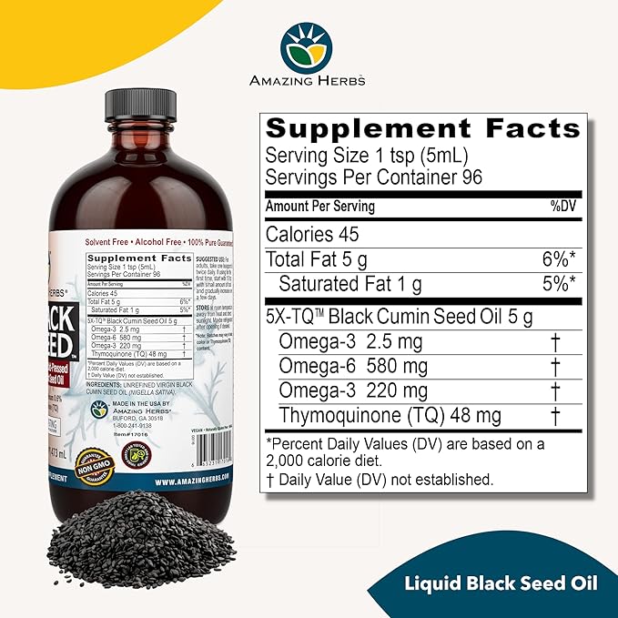 Amazing Herbs Egyptian Black Seed Oil - Gluten Free, Non GMO, Cold Pressed Nigella Sativa Aids in Digestive Health, Immune Support, Brain Function, Mild Flavor - 16 Fl Oz