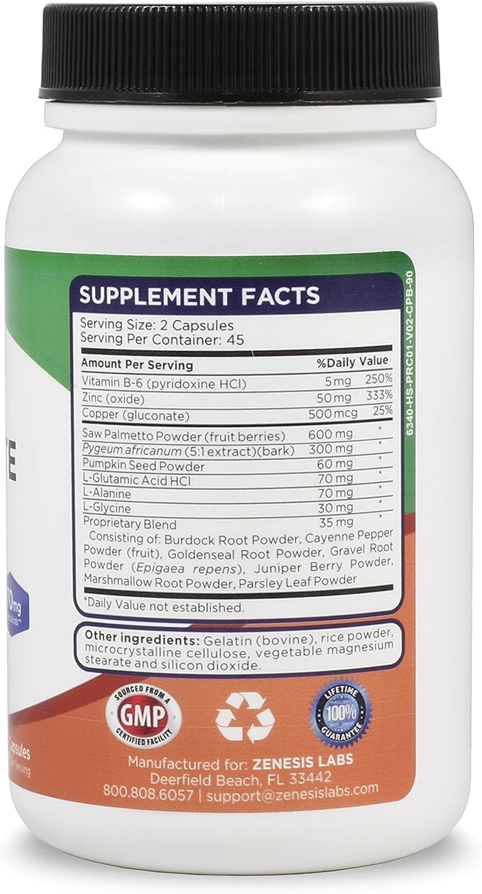 Zenesis Labs Prostate Health with Saw Palmetto - 270 Capsules - Also with Zinc, Copper, Pumpkin Seed, Burdock Root, Amino Acids, & Other Extracts - 135 Day Supply (90 Capsules/Bottle)