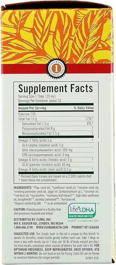 Flora - Udo's Oil DHA 3-6-9 Blend - Vegetarian Eye & Brain Health Supplement - Omega-3 & Omega-6 - Contains Sunflower & Flax Seed Oil - Kosher & Organic - Keep Chilled - 17 fl. oz.