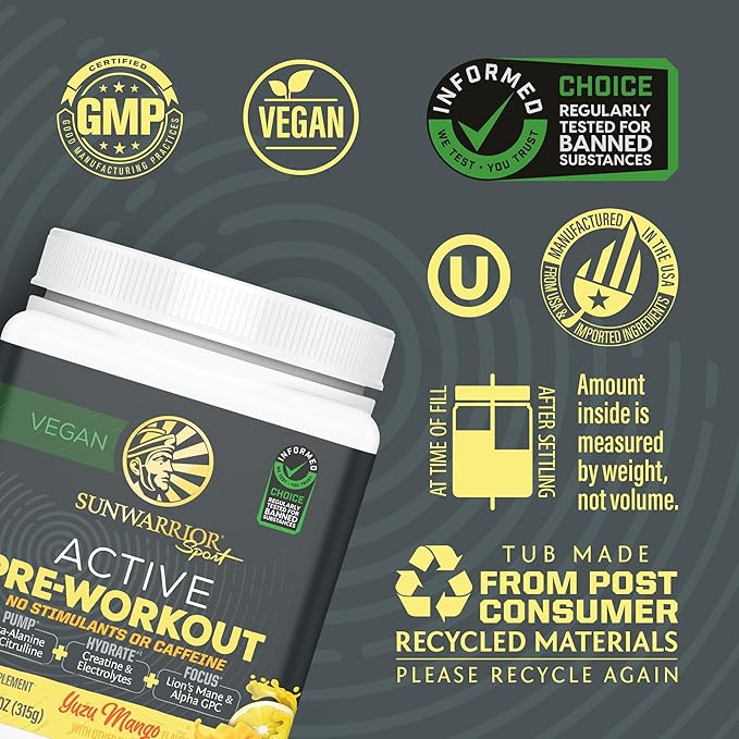 Sunwarrior Pre Workout Powder Energy Drink Non-Stim & Caffeine Free | Vegan Plant-Based Supplement | Pump Hydrate Focus Endurance & Strength Builder | Yuzu Mango Flavored 30 Serving Active Preworkout