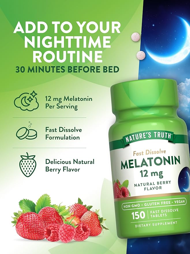 Nature's Truth Melatonin 12 mg | 150 Tablets | Quick Dissolve Vitamin | Natural Berry Flavor | Non-GMO & Gluten Free Supplement for Adults