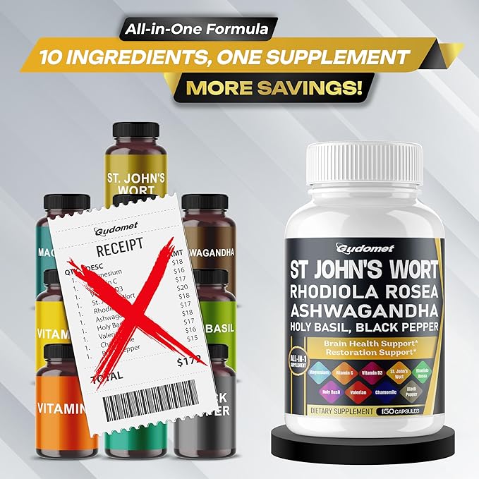 St. John's Wort Rhodiola Rosea Ashwagandha Holy Basil Valerian Chamomile Black Pepper -150 Capsules- Made in USA