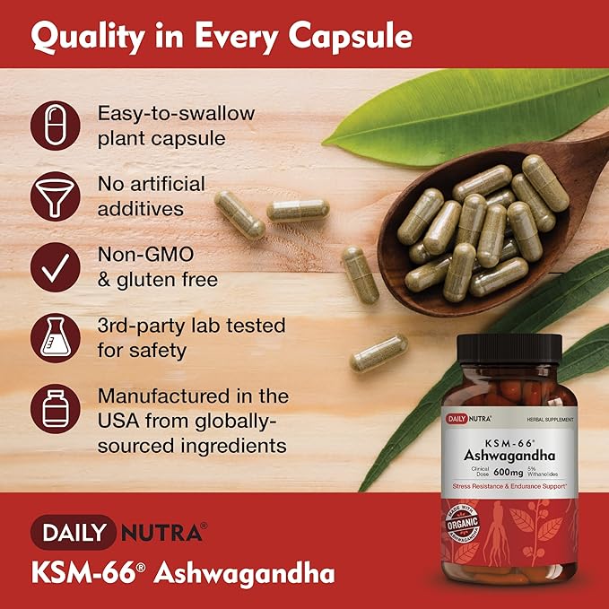 KSM-66 Ashwagandha 600mg Organic Root Extract - High Potency Supplement with 5% Withanolides | Supports Relaxation, Focus, & Energy (270 Capsules)