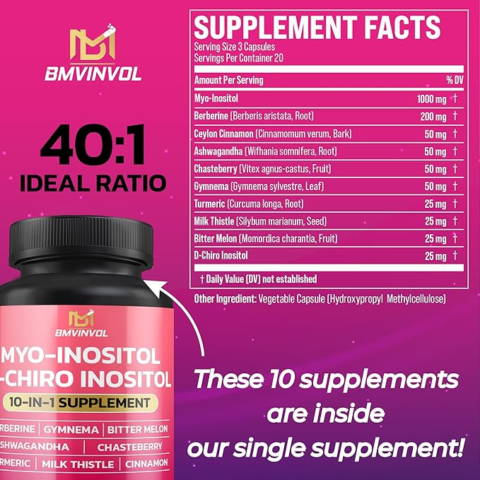 BMVINVOL Inositol Supplement - Myo-Inositol and D-Chiro Inositol Ideal 40:1 Ratio - Plus Berberine, Cinnamon, Ashwagandha + 5 More - 60 Capsules
