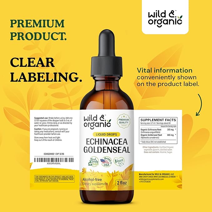 Wild & Organic Echinacea Goldenseal Liquid Drops - Immune Support Supplement w/Goldenseal Echinacea Root Extract - Vegan, Sugar & Alcohol-Free Tincture - 2 fl oz