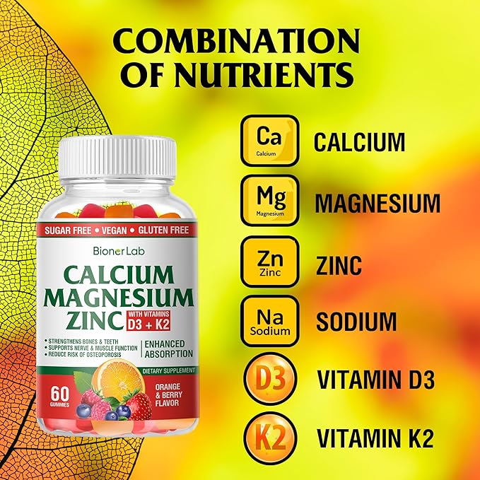 Calcium Magnesium Zinc Gummies with Vitamin D3 & K2 - High Potency Enhanced Absorption - Orange and Berry Flavored