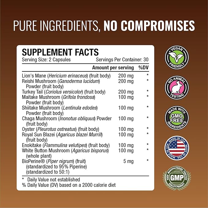 Approved Science Mushroom Complex - Support The Immune System and Cognitive Function - with Lion’s Mane, Chaga, Reishi, Turkey Tail, Shiitake, Oyster, and More - 60 Capsules - Vegan
