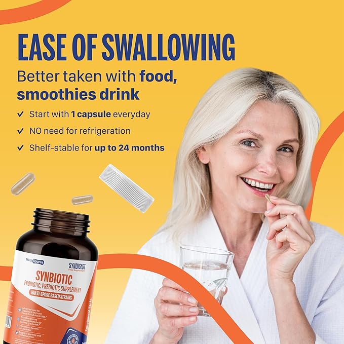 Syndigest probiotic daily care for women & men with dual benefit of 5 probiotic & prebiotic strains, balance gut health & relieves constipation, travel friendly, 60 capsules (2 billions CFU/serving)