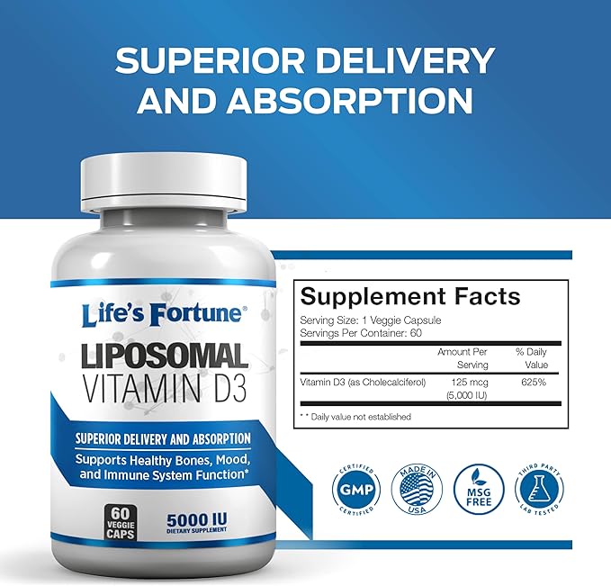 Life's Fortune Liposomal Vitamin D3 5000 IU Supplement Non-GMO, High Absorption, Supports Healthy Bones Mood and Immune System Function, 60 Veggie Caps