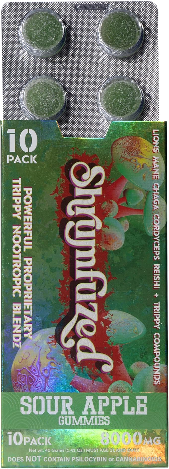 Proprietary Nootropic Gummy 8000mg - Lion's Mane, Reishi, Chaga, and Cordycep Nootropic Tripee Mushroom Blend (10, Sour Apple)