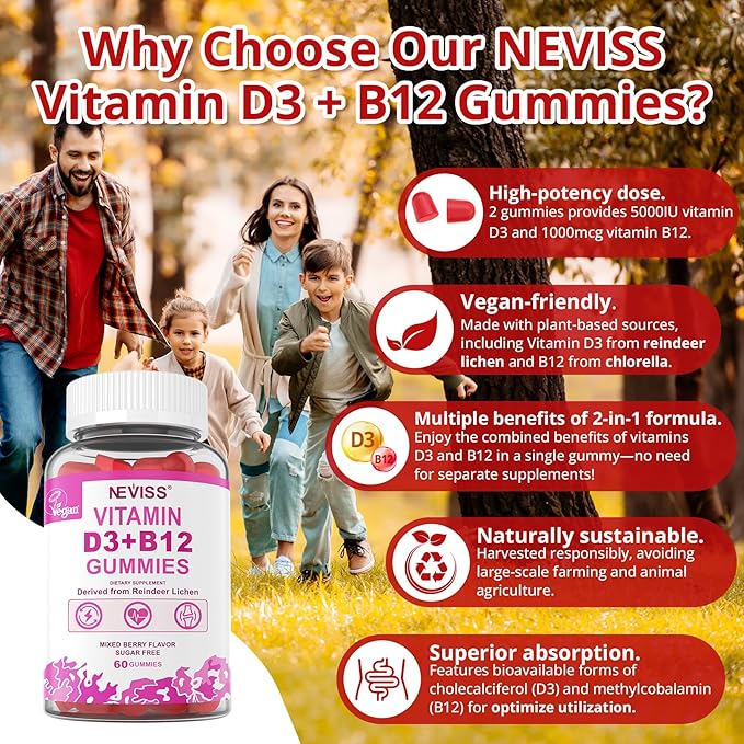 2Pack Vegan Vitamin D3 + Vitamin B12 Gummies, High Potency Vitamin D3 5000IU & 1000 mcg Methylated B12, Vitamin D3 and B12 for Adults, Support Bone Health, Immune & Energy Supplement, 120 Count