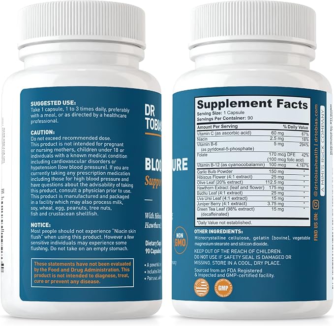 Dr. Tobias Blood Pressure Support Supplement with Hawthorn, Hibiscus Flower, Olive Leaf & Garlic, Supports Normal Circulatory Health with Vitamins C, B6, B12, Niacin, Folate & Herbs, 90 Capsules