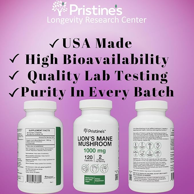 PRISTINE'S Lion's Mane Mushroom Supplement Capsules - Focus & Cognitive Function Adaptogen - 1000mg 60 Day Supply - Immunity, Memory and Focus for Adults - Vegan - Non-GMO