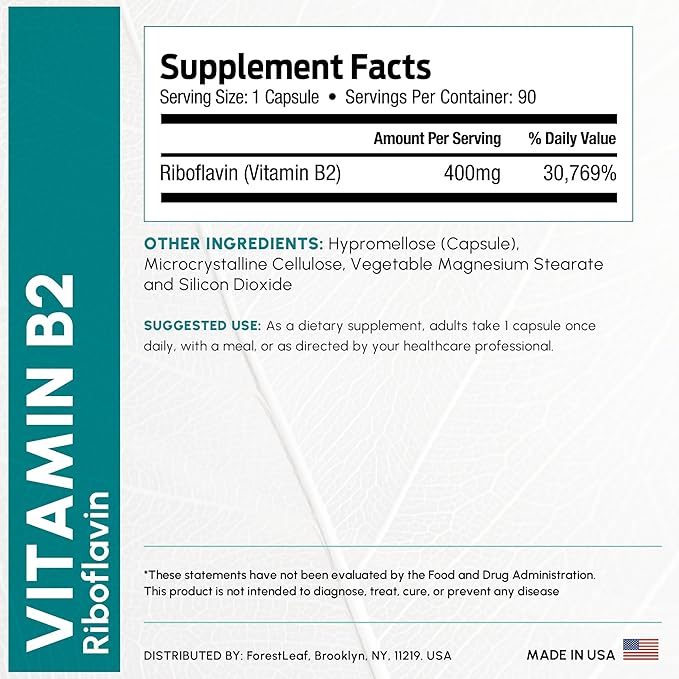 Vitamin B2 Riboflavin 400mg - Energy, Skin & Cellular Health Supplement - Nervous System Support - Vitamin B 2 Vit B - Non-GMO & Gluten Free - B2 Vitamin 400mg Vegetable Capsules, 90 Count 2-Pack
