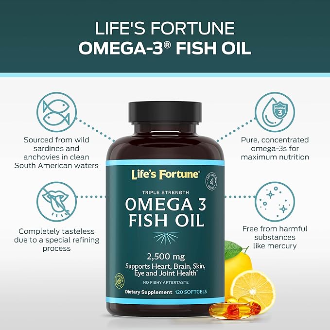 Life's Fortune Fish Oil Omega 3 Concentrate Supplement 2500 mg, 120 Softgels, High Potency, EPA & DHA Fatty Acid - Heart, Brain, Skin, Joints - Non GMO