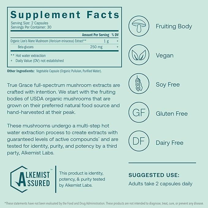 True Grace Mushroom Lion's Mane Brain, Nerve & Cognitive Support - 60 Count Capsules - Organic