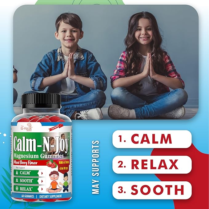 Magnesium Citrate Supplement for Kids & Teens, Anti-Stress Calm Magnesium Gummies Support Relaxed Muscles, Sleep, Bone Health, Gluten Free, Low Sugar 60 Ct