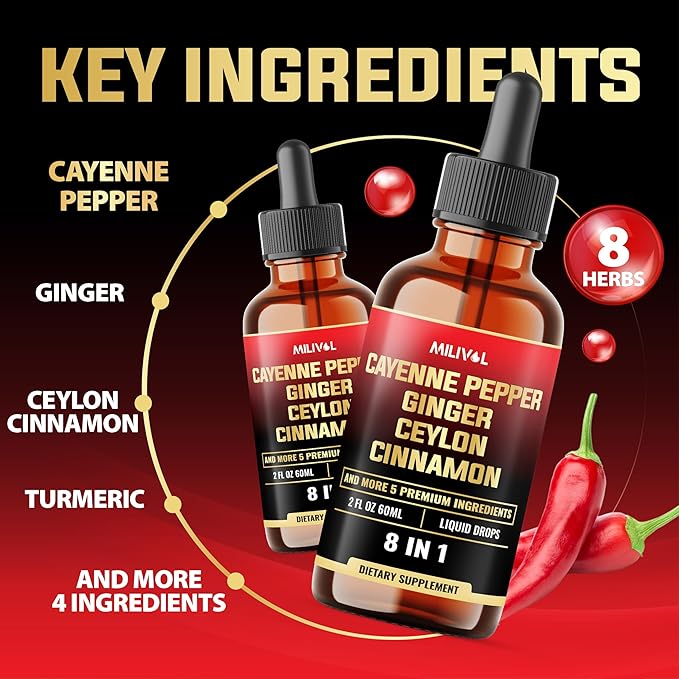 8in1 Cayenne Pepper Liquid Drops with Ginger, Ceylon Cinnamon and 5 More Herbals - Digestion, Circulatory Heath Support - 2 Fl Oz for 2 Months