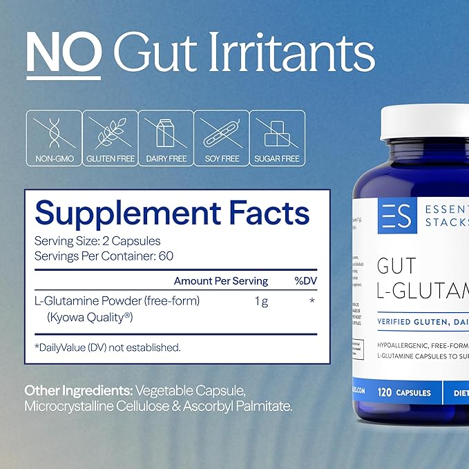 Essential Stacks Gut L-Glutamine Capsules 1000mg (Made in USA) - Gluten, Dairy & Soy Free, Non-GMO L Glutamine for Gut Health - 60 Serves (120 Caps)