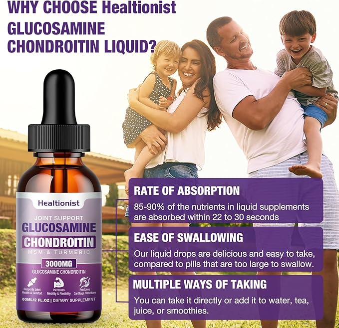 2 Pack Glucosamine Chondroitin MSM Liquid Drops, Extra Strength Joint Support Supplement for Adults Men & Women, Quercetin Boswelia, Bromelain, Antioxidant Immune Support (4 Fl oz)