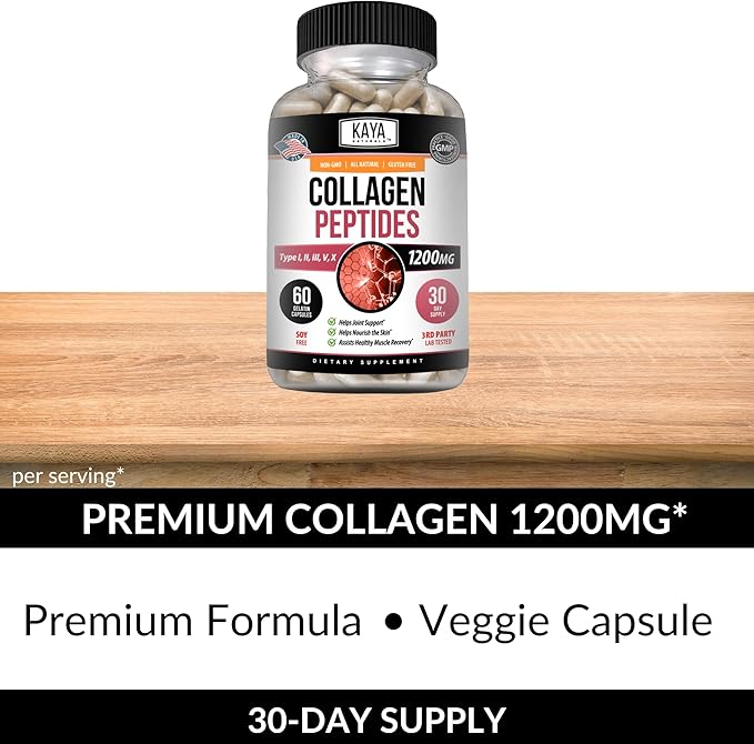 Kaya Naturals Multi Collagen Peptides Complex Powder for Women and Men, Types I, II, III, V & X | 60 Count Capsules