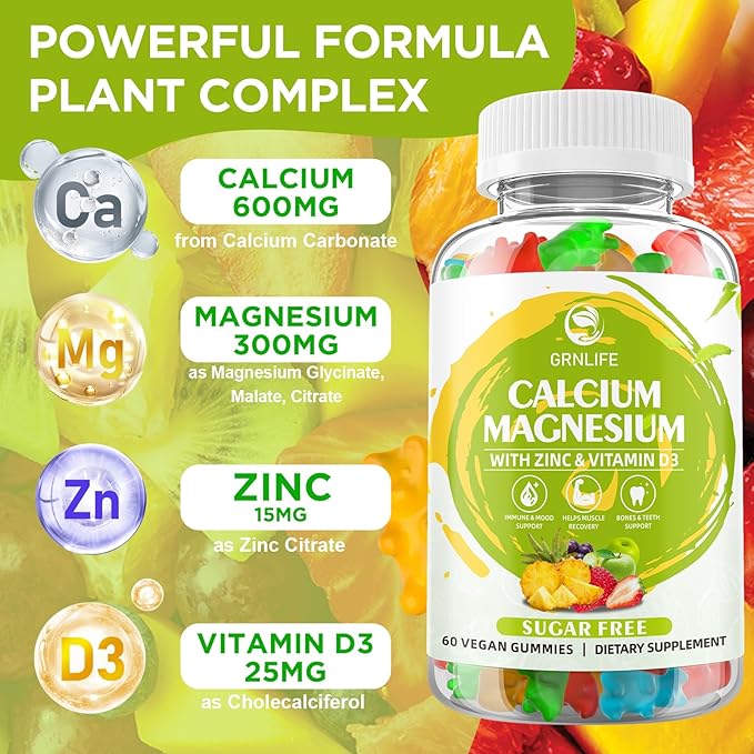 Calcium Magnesium Zinc Supplement with Vitamin D3, Sugar Free Calcium Gummies for Women Men, High Potency Magnesium Gummies for Bone & Muscle & Immune Health, Mixed Flavors - 120 Count