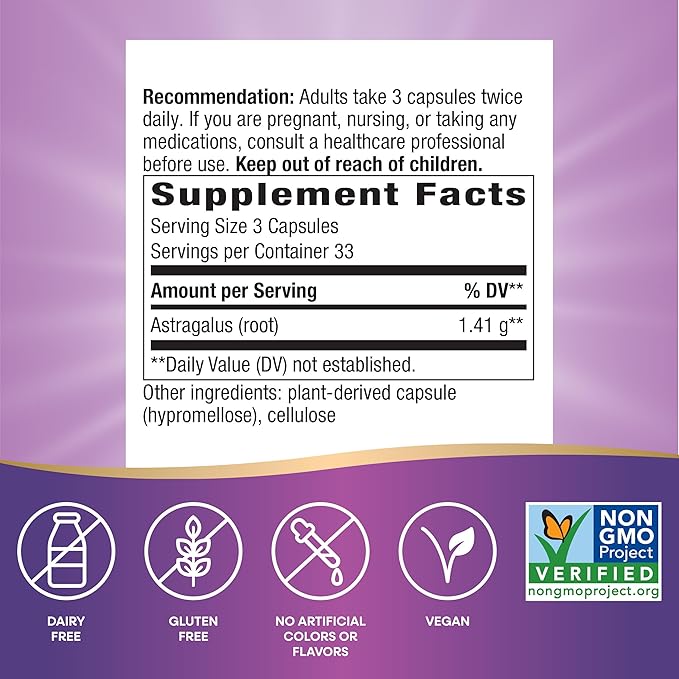 Nature's Way Astragalus Root, Traditional Immune Support*, 1,410 mg per 3-Capsule Serving, Non-GMO Project Verified, Vegan, 100 Capsules (Packaging May Vary)