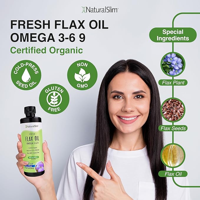 NaturalSlim Flax Oil - Flaxseed Oil Liquid Supplement with Omega 3 6 9 - Cold-Pressed Certified Organic Flax Seed Oil for Hair, Skin, Nails, Healthy Cells & Vegetable Oil for Cooking - 16 fl. Oz.