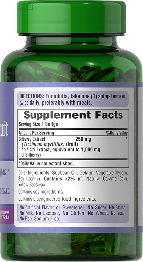 Puritan's Pride Premium Bilberry Fruit Extract 250 mg (1000mg Equivalent), 4:1 Concentrated Traditional Herbal Supplement, Vitamin C, 3 to 6 Month Supply, 180 Rapid Release Softgels 2-Pack