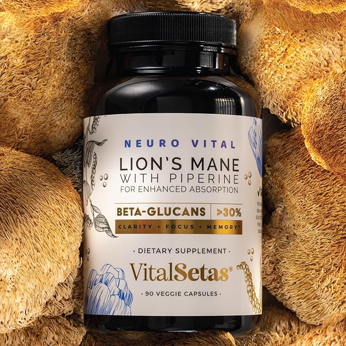 Neuro Vital Lion's Mane & Piperine Brain Supplement - Amplify Focus, Boost Memory, and Enhance Mental Clarity – Lab Tested & Allergen Free - 90 Premium Veggie Capsules for Immune Support