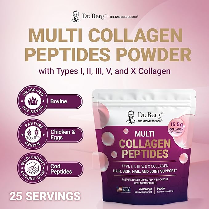 Dr. Berg Multi Collagen Peptides Powder Types I, II, III, V, X - Unflavored Collagen Powder w/ 14 g of Protein - Grass-Fed, Pasture-Raised & Wild-Caught Collagen Sources - 25 Servings