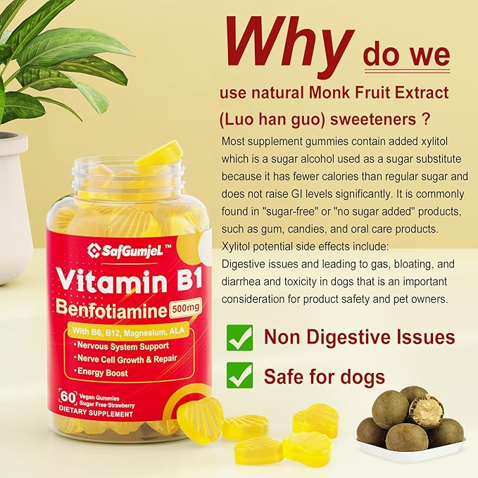 Vitamin B1 Gummies - Benfotiamine 500mg, Vitamin B1 B6 B12 Complex, 3.6X More Effective Than Thiamine, Carbohydrate & Energy Plus Healthy Nervous System, 1 Pack