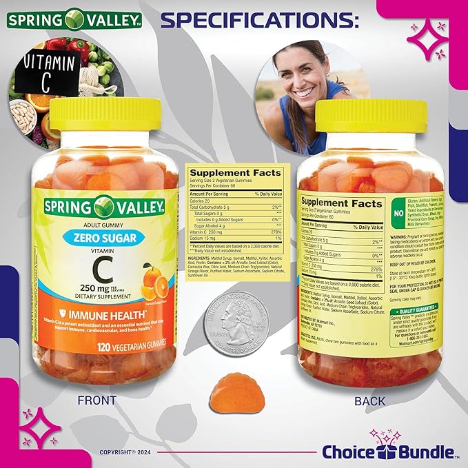 Spring Valley Zero Sugar Vitamin C Gummies Dietary Supplement 250 mg 120 Ct 3 pk (360 Total) + Vitamin Guide & Pill Container (5 Items)!