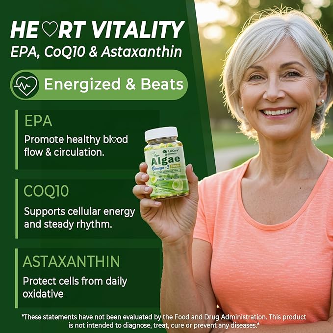 Vegan Omega 3 Supplement Gummies 1000mg for Women & Men, Omega 3 Fish Oil Alternative w/CoQ10, Astaxanthin, Vitamin A, E, D3 for Brain, Eye, Antioxidant - Algae DHA 640mg & EPA 290mg, Sugar Free 1Pack