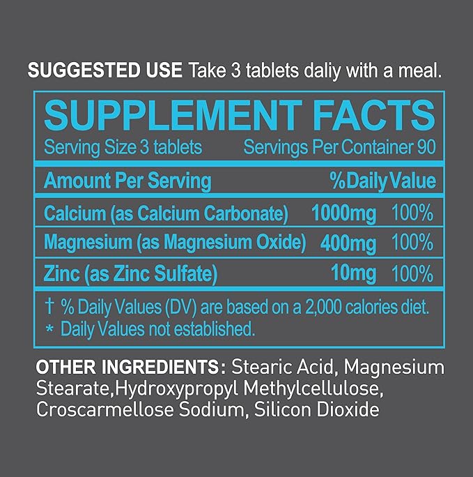 Calcium Magnesium Zinc Supplement - 3-in-1 Complex with 1000mg Calcium, 500mg Magnesium, 10mg Zinc - Bone, Muscle & Immune Support - 270 Tablets, 90 Day Supply