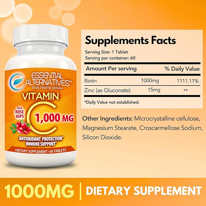 Vitamin C 1000mg with Rose HIPS. Antioxidant Protection, Immune Support. 60 Tablets