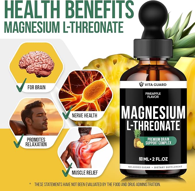 Magnesium L-Threonate Liquid Drops – 500mg High-Absorption Brain Support, Pineapple Flavor, 60ML Vegan, Gluten-Free, Non-GMO