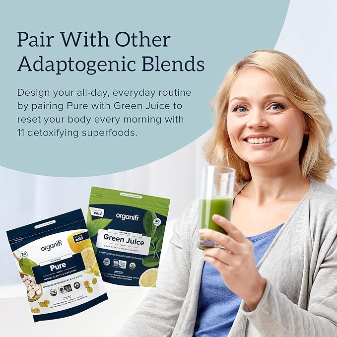 Organifi Pure - Promotes Stimulation in Learning, Memory, Focus, and Clarity - Brain Support with Superfoods - Gluten-Free and Non GMO - Best Served Cold, 30 Servings