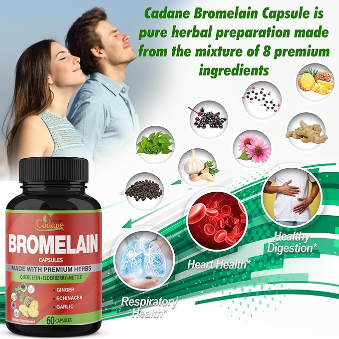 Organic Cadane Bromelain Extract Capsules, 8in1 with Quercetin, Elderberry, Nettle, Ginger, Echinacea, Garlic, Black Pepper - Support Digestion Health & Immune System - 60 Capsules