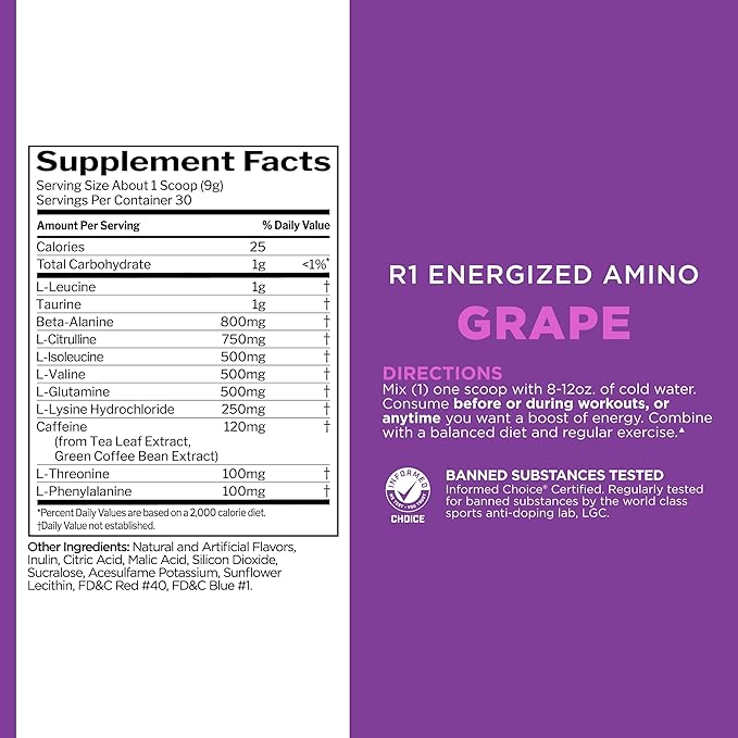 Rule 1 Energized Amino – Anytime Energy and Recovery Support with BCAAs, Glutamine, Citrulline, Beta Alanine, and Caffeine from Green Coffee & Tea Leaf Extracts (30 Servings, Grape)
