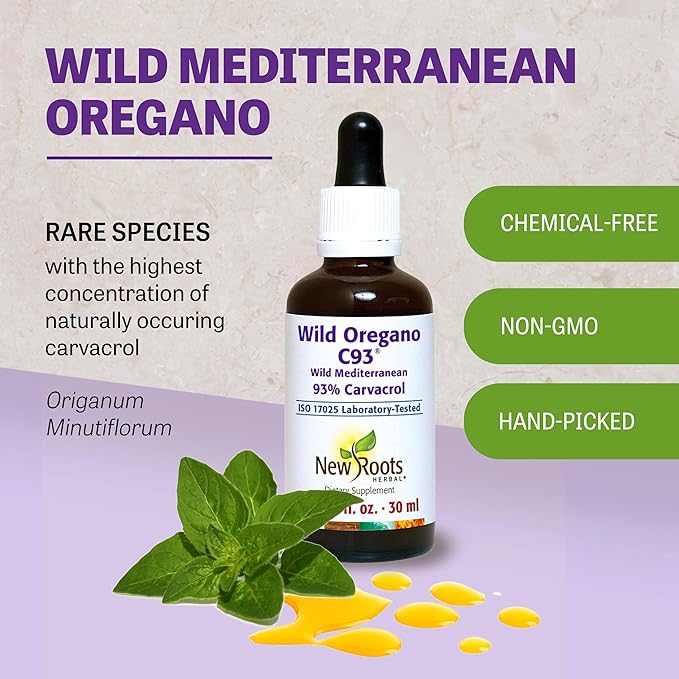 New Roots | Wild Oregano Oil Drops, C93 | 93% Carvacrol (1 fl oz) Compare to Organic | Hand-Picked Mediterranean Oregano Oil Liquid | Non-GMO, Vegan, Gluten-Free