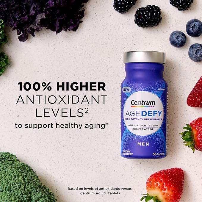 Centrum Age Defy for Men, All-in-1 High Potency Multivitamin + Healthy Aging Supplement, Multivitamin Blend with Resveratrol, and Niacin for NAD+ Level Support, Aluminium Bottle, 56 Tablets