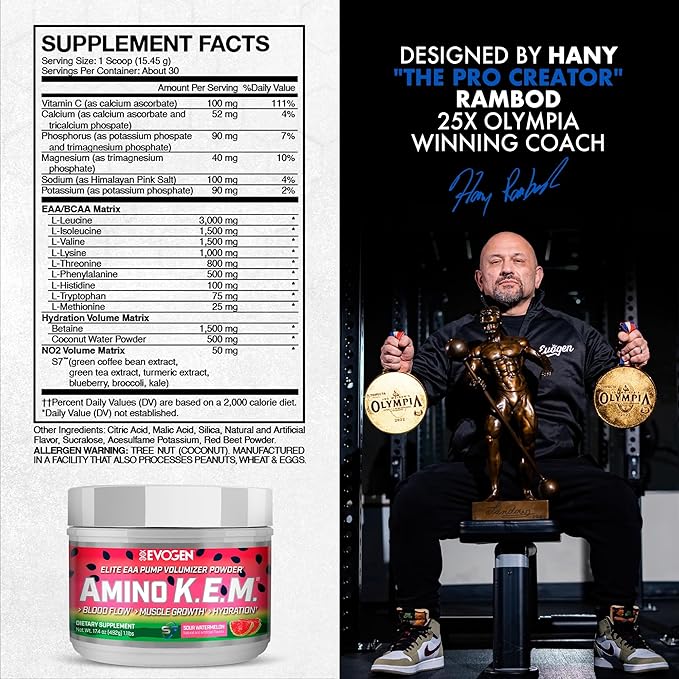 Evogen Amino K.E.M. - EAA & BCAA Powder Pump Volumizer | BCAAs Amino Acids Supplement for Blood Flow, Muscle Growth, & Hydration | Sour Watermelon | 30 Servings
