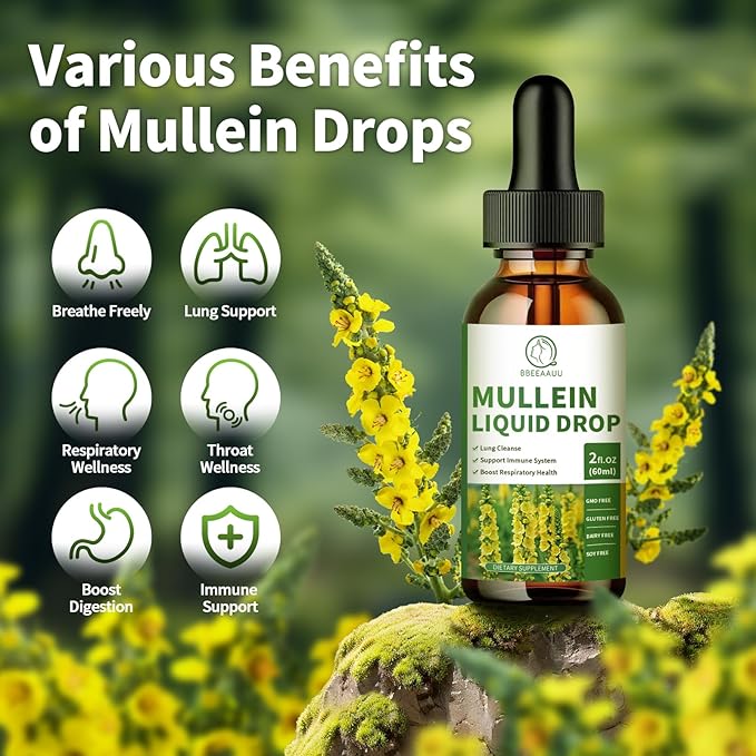 (2 Pack) Mullein Drops for Lungs, 16-in-1 Mullein Leaf Extract 800MG for Lung Cleanse, Respiratory, Immunity, with Quercetin, Marshmallow, Black Cumin Seed, Elderberry, Non-GMO, 2 Fl Oz