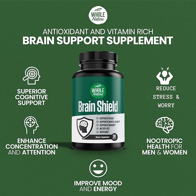 Brain Booster Nootropics - Brain Shield with Ginkgo Biloba, Alpha GPC and Bacopa Monnieri, Vitamin B12, B3 - Support Focus, Memory & Clarity, Energy & Stress Relief. (1)